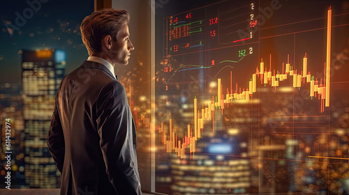 Businessman analyzing stock market trends and economic graph indicators to achieve sustainable growth in financial investment, Generative AI