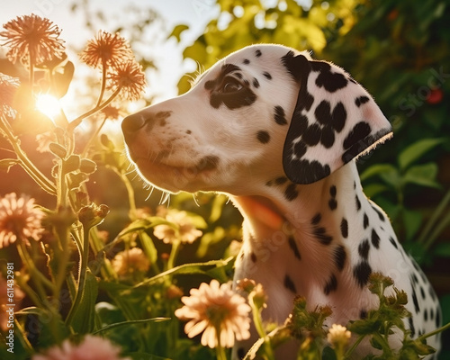 dalmatian puppy in a blooming garden in summer - Generative AI
