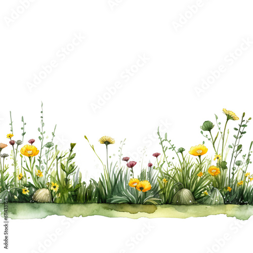 Fototapeta Naklejka Na Ścianę i Meble -  line of grass with yellow flowers like dandelion in watercolor design isolated against transparent
