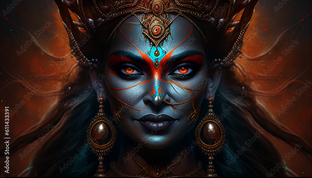 kali portrait face goddess  hindu goddess famous generative AI Goddess of Empowerment  - obrazy, fototapety, plakaty 