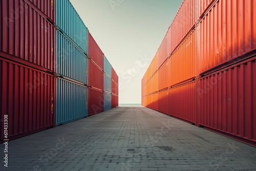 A red and blue container is in between two rows of containers. The concept of sea delivery Generative AI