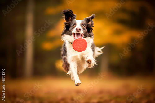 A dog catching a frisbee mid-air with an expression of excitement and determination.