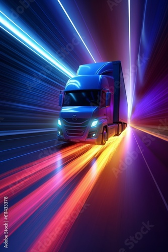 A truck with a colorful light on the front driving down a road The concept of delivery Generative AI