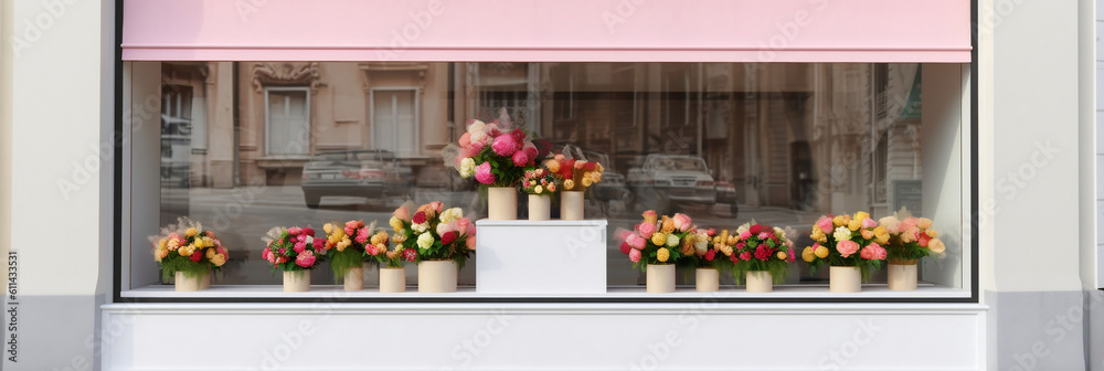 street outdoor view of a generic flower or roses shop display welcome window with blank clean signboard mockup, banner, generative AI