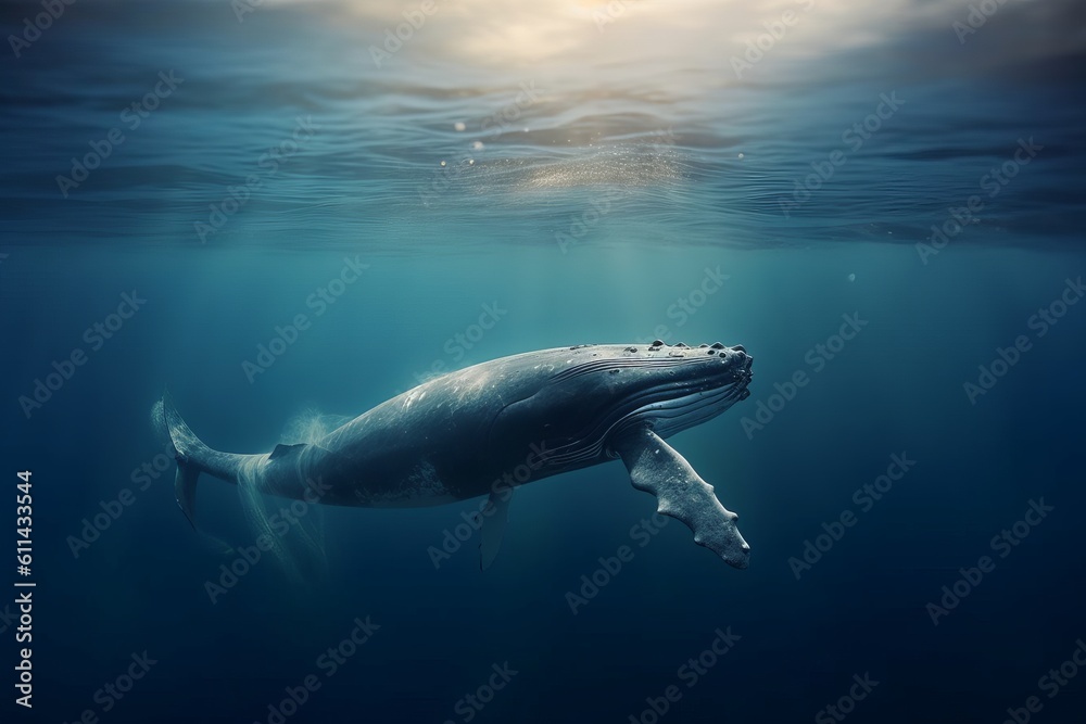 Fototapeta premium A whale swimming in the ocean with the sun shining on it. Generative AI