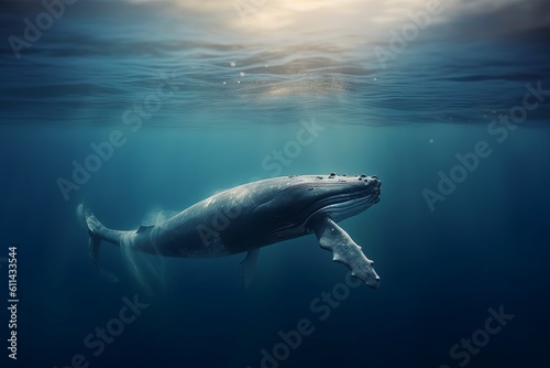 A whale swimming in the ocean with the sun shining on it. Generative AI © GulyaevStudio