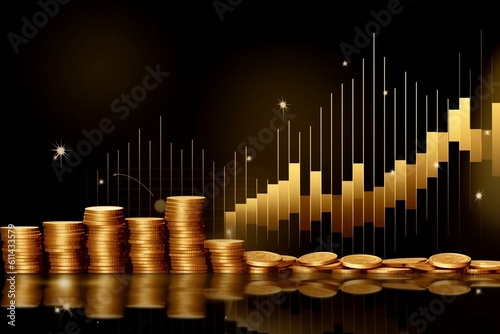 A stack of gold coins with a graph in the background Generative AI