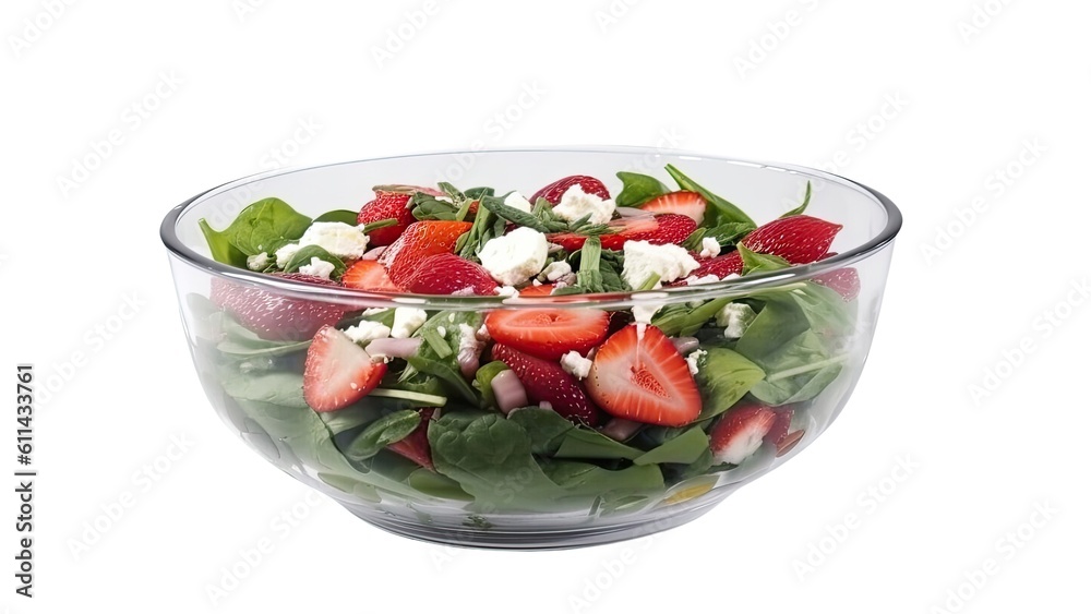A colorful salad with spinach, strawberries, and feta cheese on White Background with copy space for your text created with generative AI technology