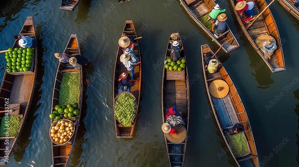 Obraz premium Aerial view famous floating market in Thailand, Damnoen Saduak floating market, Farmer go to sell organic products, fruits, vegetables, Ratchaburi, Thailand, Generative AI