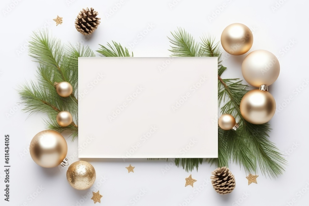 Silver and gold christmas decorations on a white background Generative AI - obrazy, fototapety, plakaty 