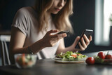 Attractive slender woman counts calorie content of food with smartphone app. Generative AI illustration