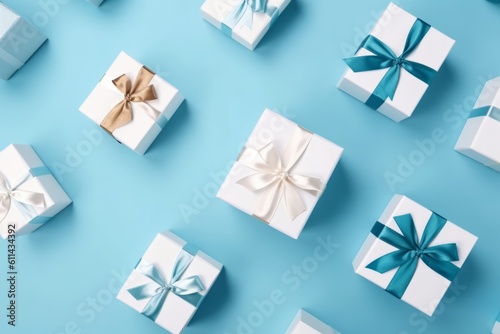 White gift boxes with gold ribbons on a blue background Generative AI