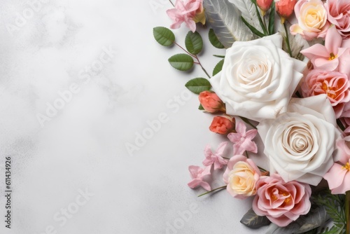 A bouquet of flowers on empty mock up a white background Generative AI © GulyaevStudio