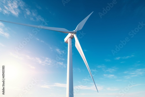 A wind turbine against a blue sky with the sun shining behind it. Generative AI