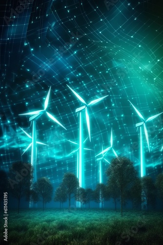 A green wind farm with a blue sky and a windmill in the background. Generative AI © GulyaevStudio