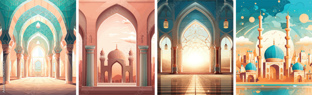 Islamic background illustration set, social media banner template, poster, greeting card