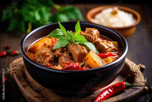 Spicy thai curry with pork meat serving with rice and decorating with herbal vegetable ingredients like chili and eggplant on rustic background - Thai food, Generative AI