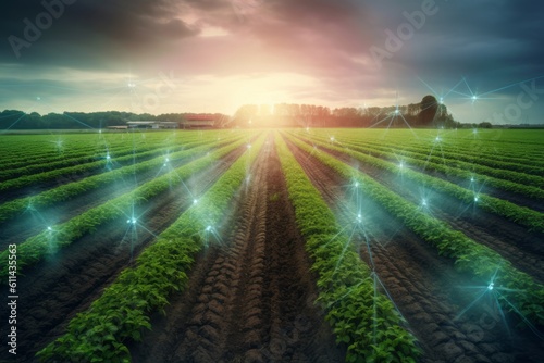 smart agriculture A field with a cloudy sky and a field of lettuce. Generative AI
