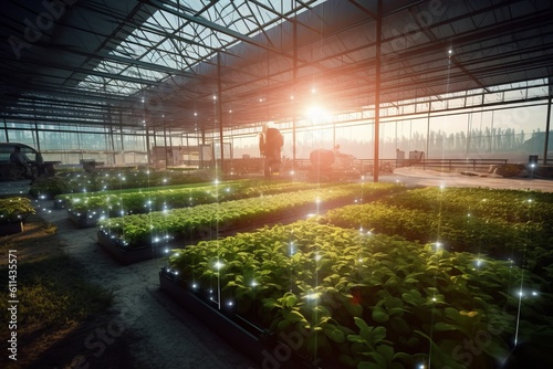 A greenhouse with a man standing in the middle of it. Generative AI