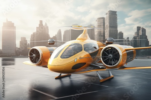 A yellow and orange helicopter is on a runway with a city in the background Air taxi Generative AI photo
