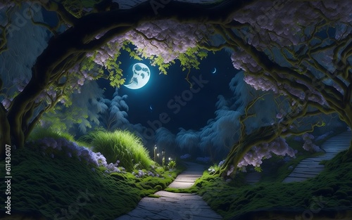 Fantasy fairy tale background. Fantasy enchanted forest with magical luminous plants, built ancient mighty trees covered with moss, with beautiful houses, butterflies. ai generative