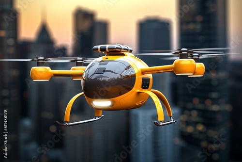 A yellow drone flies over a city with the words flying on the top Generative AI © GulyaevStudio