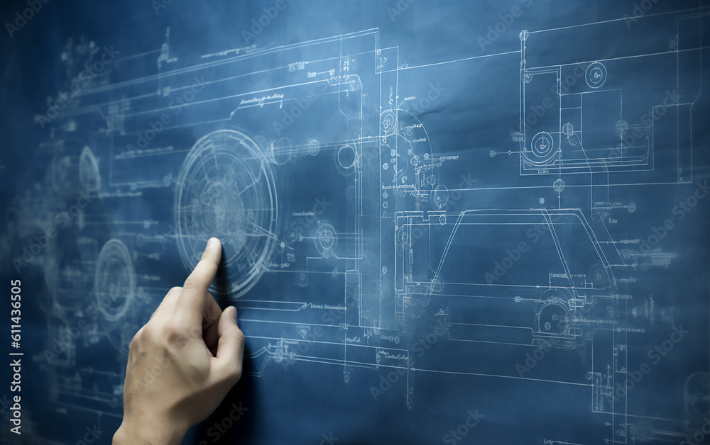 Hand on a blueprint. Generative AI technology. Hand on a blueprint. Generative AI technology.