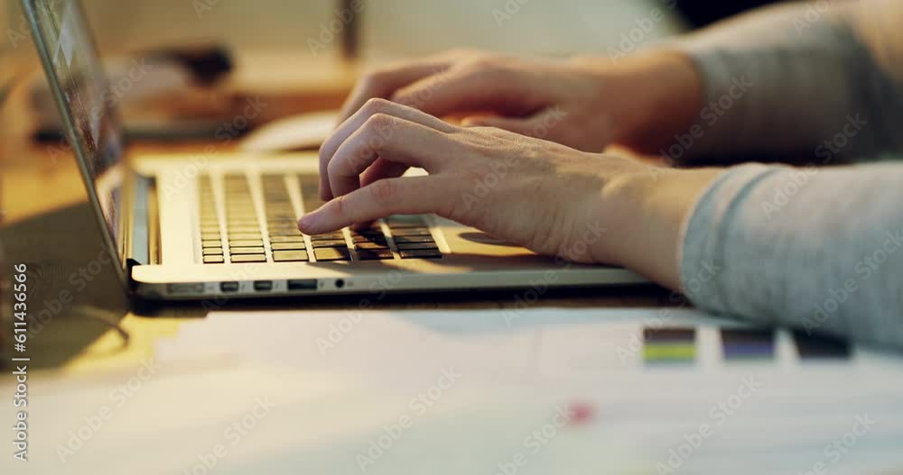 Person hands, laptop and web typing at night with digital research in office. Writing, working and professional worker with email and business search for creative work and article for company blog