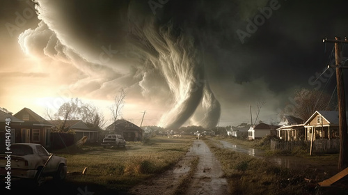 Black tornado funnel and lightning, Generative AI photo
