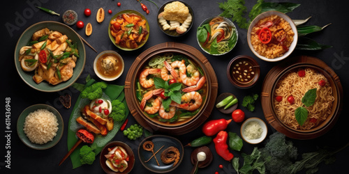 Traditional Thai food on dark background. Oriental food concept. Top view, flat lay, panorama, Generative AI