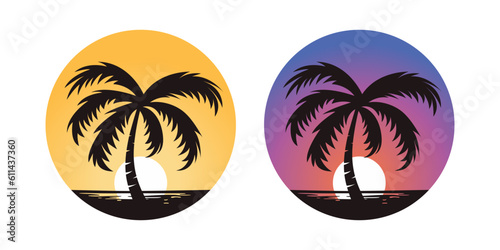 Vector Palm Trees, Palm Tree Icon Set Isolated. Palm Silhouettes on Sunset Background. Design Template for Tropical, Vacation, Beach, Summer Concept. Vector Illustration. Front View