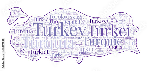 Turkey shape filled with country name in many languages. Turkey map in wordcloud style. Modern vector illustration.