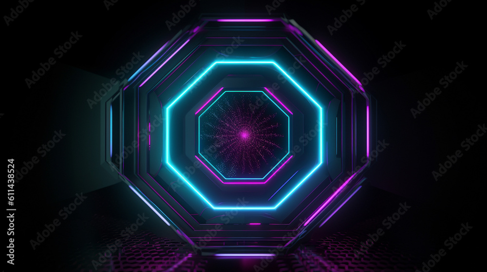 An image of an abstract neon hexagon with vibrant purple and cyan colors on a clean black background. An image of an abstract neon hexagon with vibrant purple and cyan colors on a clean black background.