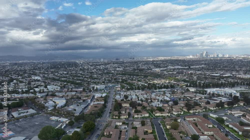 Los Angeles Downtown from Baldwin Village Aerial Shot Forward California 5K 50fps Los Angeles Downtown from Baldwin Village Aerial Shot Forward California 5K 50fps