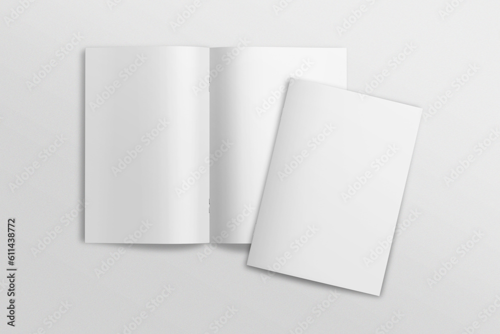 Realistic top view cover and opened portrait A4 or A5 magazine or brochure booklet for stationery and branding. Mockup template isolated light grey background and leaf shadow overlay. 3D rendering. Realistic top view cover and opened portrait A4 or A5 magazine or brochure booklet for stationery and branding. Mockup template isolated light grey background and leaf shadow overlay. 3D rendering.