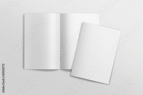 Realistic top view cover and opened portrait A4 or A5 magazine or brochure booklet for stationery and branding. Mockup template isolated light grey background and leaf shadow overlay. 3D rendering.