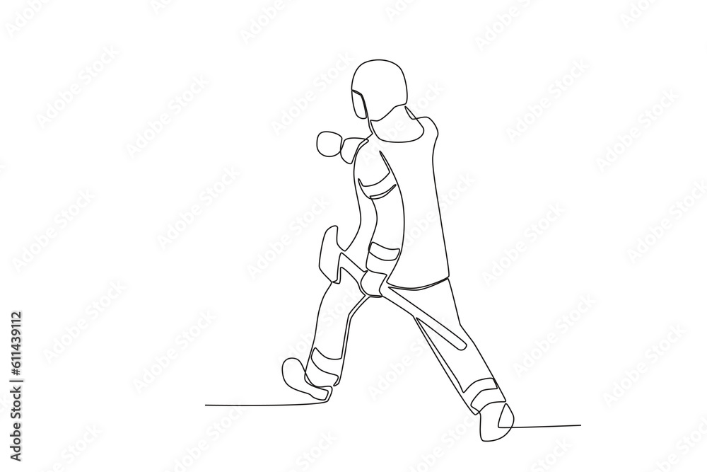 Back view of a firefighter carrying an axe. Firefighter one-line drawing