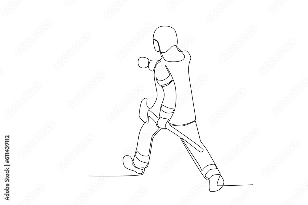 Back view of a firefighter carrying an axe. Firefighter one-line drawing Back view of a firefighter carrying an axe. Firefighter one-line drawing