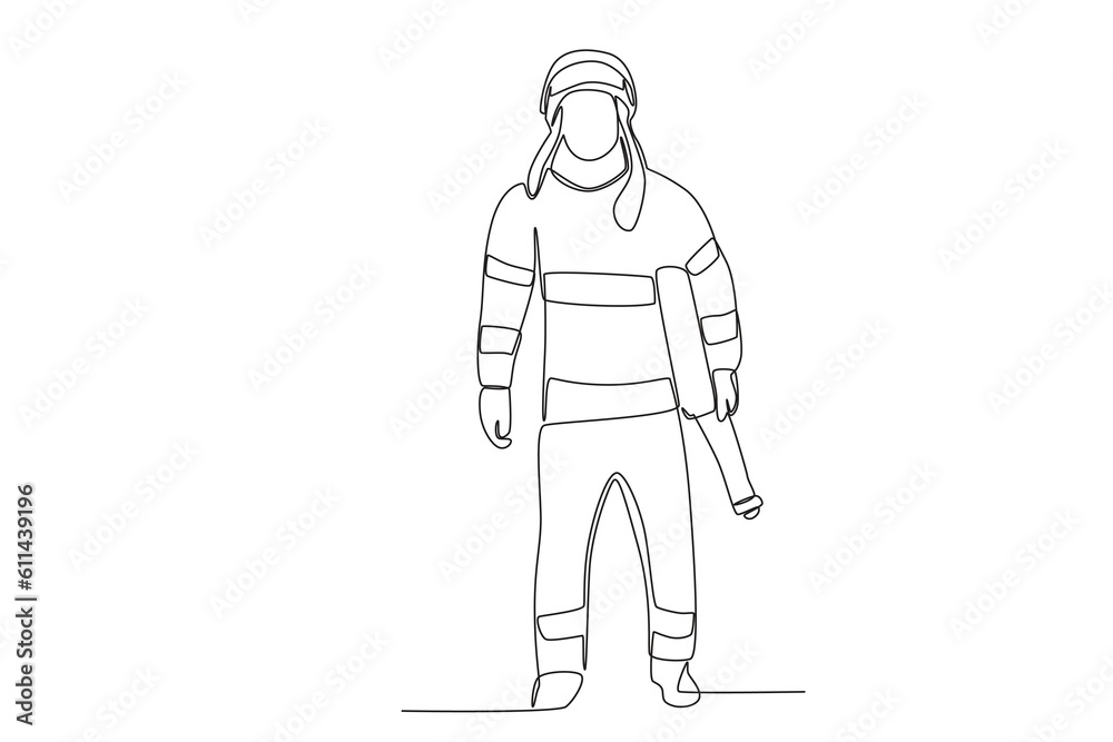 A firefighter prepares to put out the fire with a hose. Firefighter one-line drawing A firefighter prepares to put out the fire with a hose. Firefighter one-line drawing