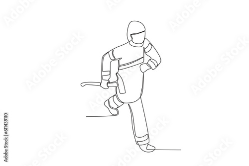 A fireman walked over carrying an axe. Firefighter one-line drawing