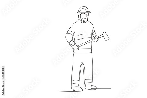 A fully clothed firefighter holding an axe. Firefighter one-line drawing