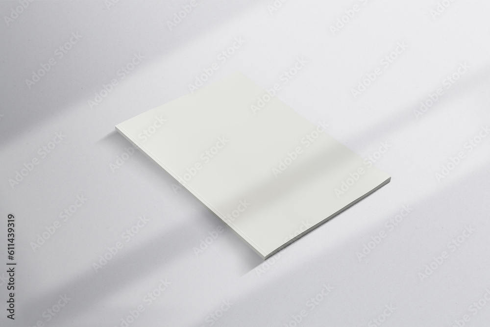 Realistic top view cover and opened portrait A4 or A5 magazine or brochure booklet for stationery and branding. Mockup template isolated light grey background and leaf shadow overlay. 3D rendering. Realistic top view cover and opened portrait A4 or A5 magazine or brochure booklet for stationery and branding. Mockup template isolated light grey background and leaf shadow overlay. 3D rendering.