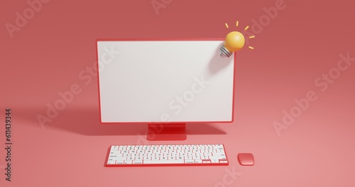 Red pc blank screen monitor keybord mouse with yellow light bulb, Startup business idea  concept.  3d illustration photo