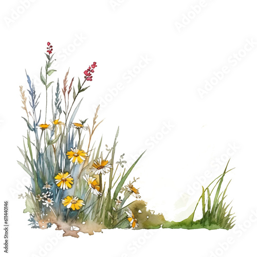 Fototapeta Naklejka Na Ścianę i Meble -  slender side decor from grass and filigran flowers in watercolor design isolated against transparent