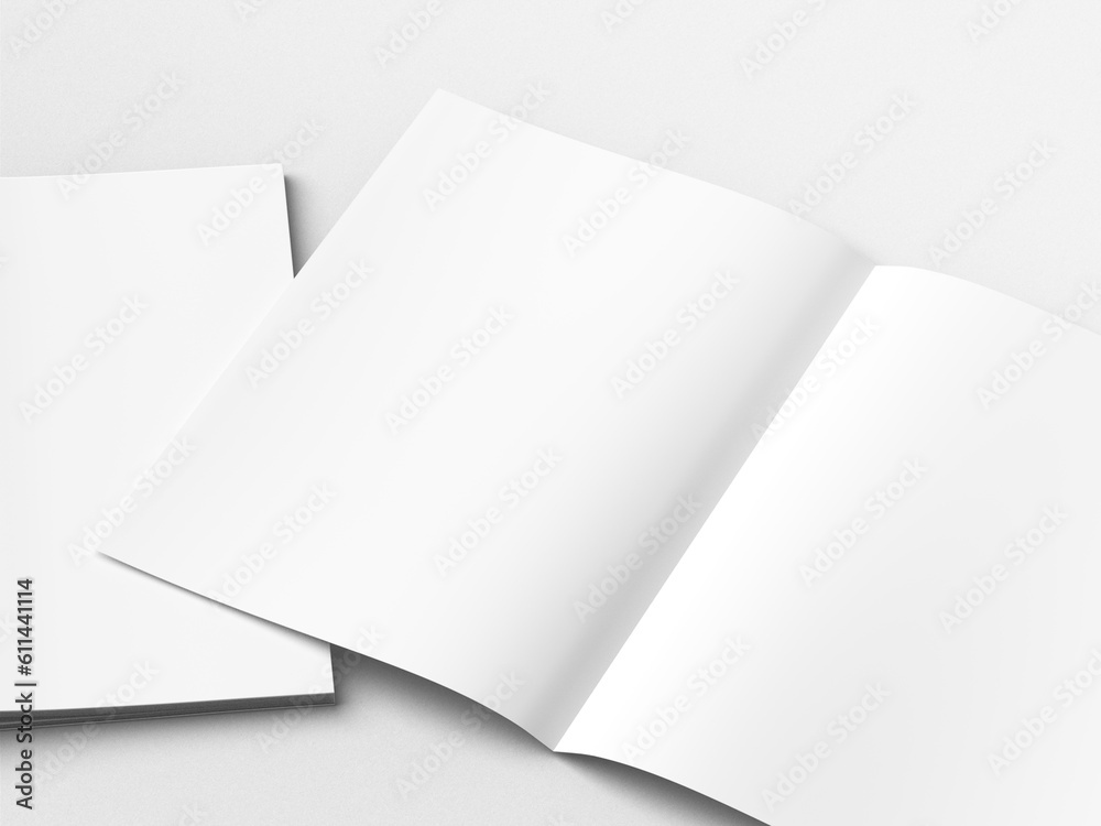 Realistic top view cover and opened portrait A4 or A5 magazine or brochure booklet for stationery and branding. Mockup template isolated light grey background and leaf shadow overlay. 3D rendering. Realistic top view cover and opened portrait A4 or A5 magazine or brochure booklet for stationery and branding. Mockup template isolated light grey background and leaf shadow overlay. 3D rendering.