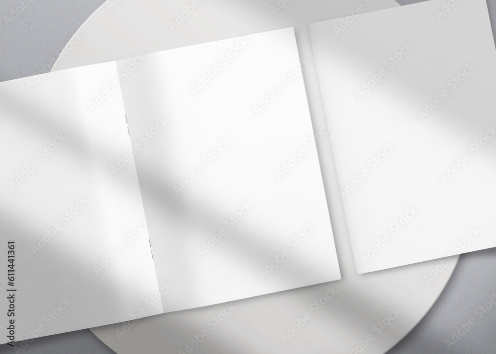 Realistic top view cover and opened portrait A4 or A5 magazine or brochure booklet for stationery and branding. Mockup template isolated light grey background and leaf shadow overlay. 3D rendering. Realistic top view cover and opened portrait A4 or A5 magazine or brochure booklet for stationery and branding. Mockup template isolated light grey background and leaf shadow overlay. 3D rendering.
