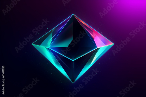 An image of a minimalist neon diamond shape with a gradient of yellow and cyan hues against a clean dark purple background. photo