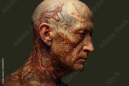Artistic portrait of a young man with face art and tattoo on green background, AI Generated