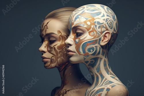 Colorful artistic portrait of a two young beautiful women with makeup, face art and tattoo on black background, AI Generated