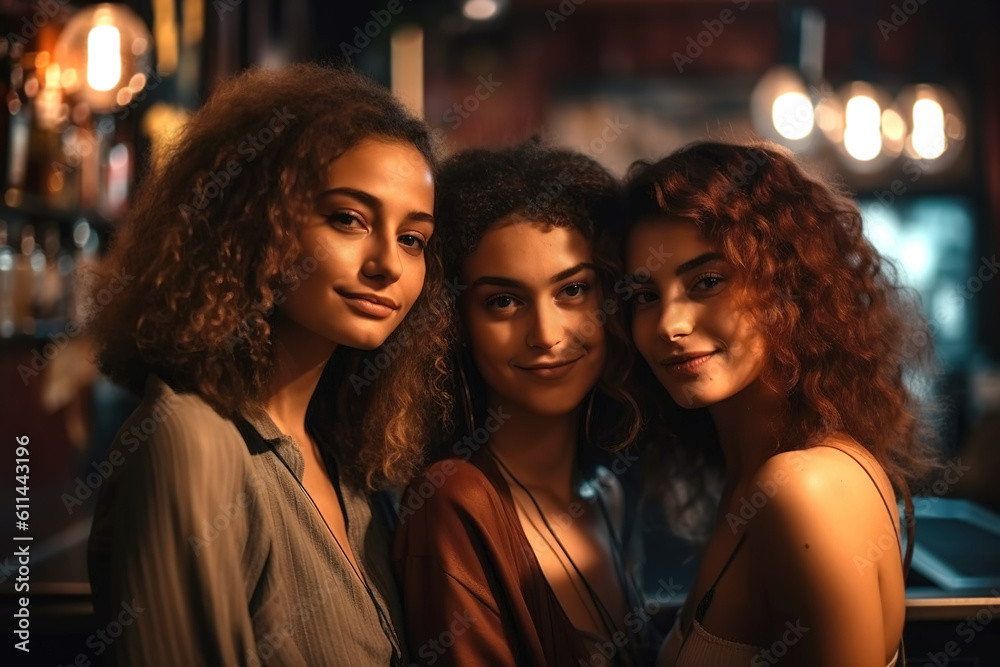 A group of female friends at a bar.  Composite with different elements made with generative AI